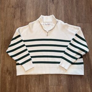 Mango Green & Cream Quarter Zip Stripe Sweater